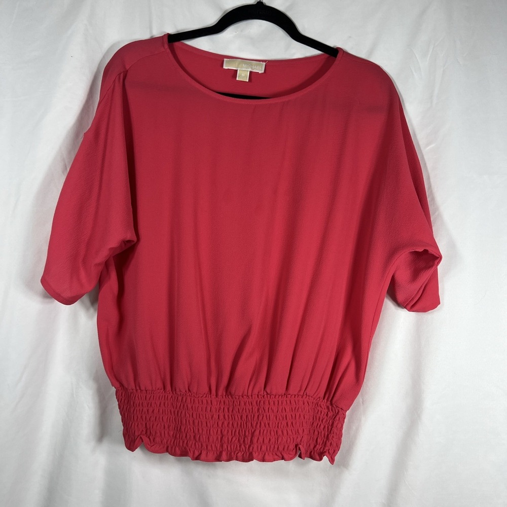 Michael Kors‎ Top Women's Med Rose Scoop Neck Roll Tab Sleeve Sheer Blouse